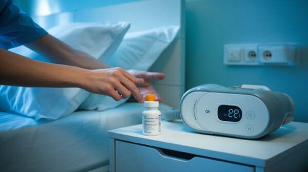 Patient comparing sleep apnea pill medication bottle with CPAP machine on bedside table